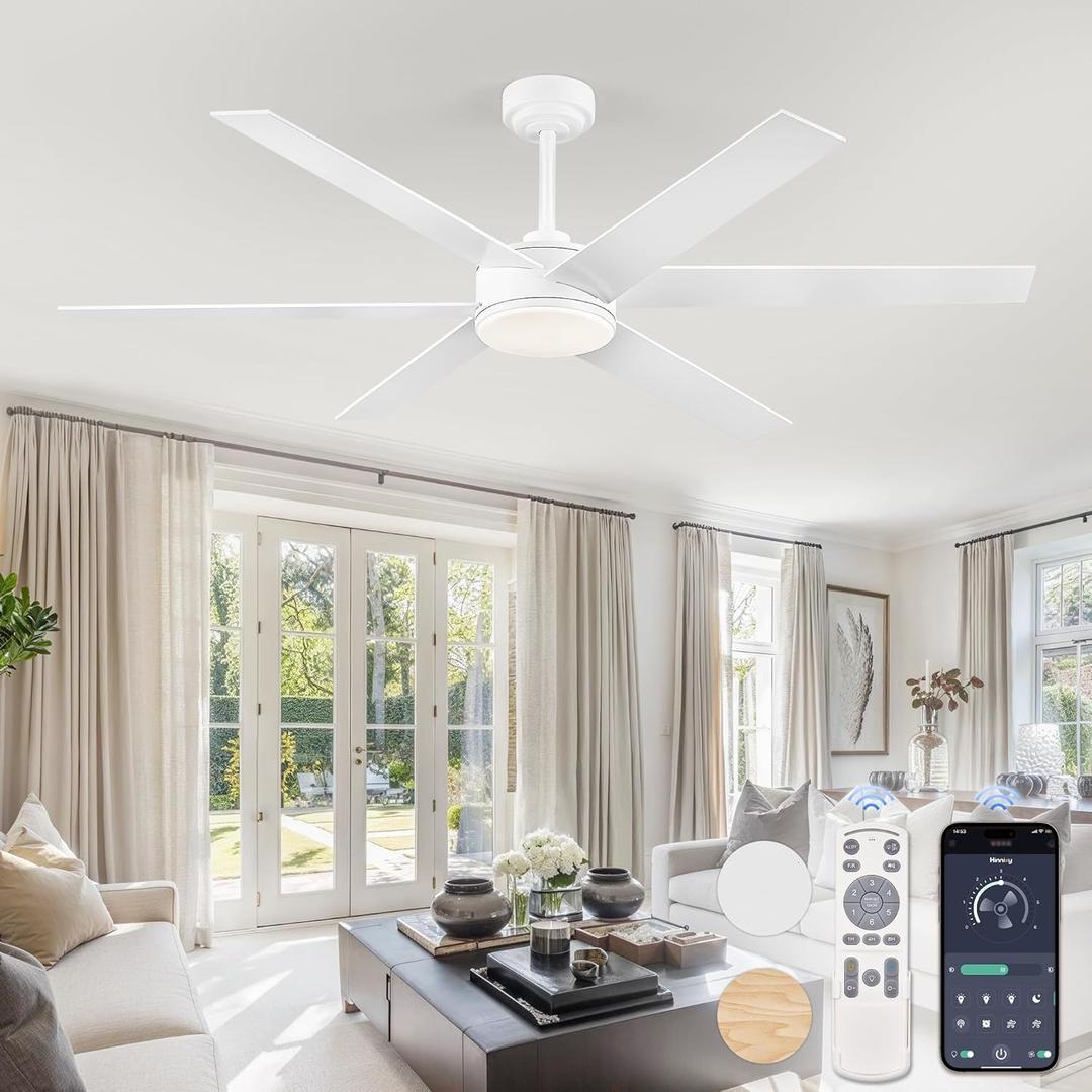 60 Inch Ceiling Fans with Lights and Remote, Reversible 6 Blades & Dimmable 3-Color Outdoor Ceiling Fans for Patios, DC Motor Large Ceiling Fan for Indoor or Covered Outdoor-White