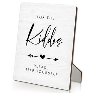 IRTAGANNY For the Kiddos Wedding Sign, Wedding Kids Table Activities Wooden Stand Sign 5"X7", Kiddos please help yourself Table Signs for Reception (White 02, 5x7 Inch)
