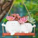 Cute Swing Planter Hanging,Smiley Face Couple Planter Pot,Hanging Plant Face Pot for Indoor Outdoor Plants, (White)