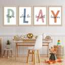 4 x This Is Where Fun Stuff Happens Kids Playroom Wall Decor PLAY Quote Art | Motivational Prints for Nursery, Natural Wood Frame, Set of 4, 16x24 Inches , Let's Play Sign for Toddler Boys, Ready to Hang
