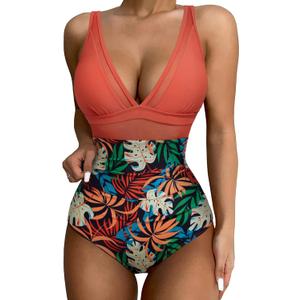 SUUKSESS Women Sexy Mesh Tummy Control Swimsuit Push Up High Waisted Bathing Suit (10 Coral Pink Leaf) SUUKSESS Women Sexy Mesh Tummy Control Swimsuit Push Up High Waisted Bathing Suit (10 Coral Pink Leaf)