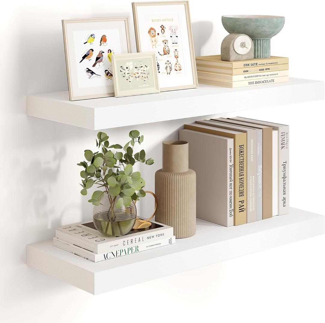 Heimlove 24 inch Floating Shelves for Wall,9.3 inch deep White Wood Shelves with Invisible Brackets,Wall Mounted Storage & Display Shelves for Bedroom,Living Room,Set of 2