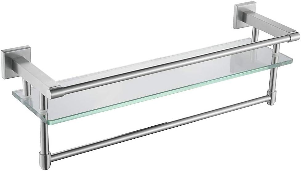 Alise Bathroom Shelf with Towel Bar,Bathroom Shelves Wall Mounted 20 Inch Floating Glass Shelf for Bathroom Shower Wall,SUS304 Stainless Steel Modern Floating Glass Shelves,Brushed Nickel, 21 Inch