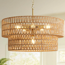 23.6" Boho Rattan Chandelier, 6-Light Large Rattan Pendant Light with 2-Tier Wicker Shade, Bohemian Farmhouse Ceiling Light Fixture Chandelier for Dining Room, Living Room, Bedroom, Kitchen Island