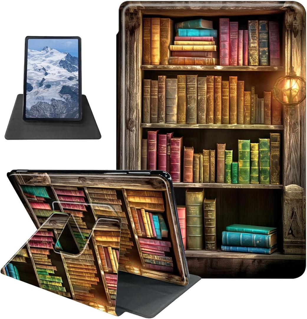 Colorful Bookshelf Case for 7" Kindle Paperwhite (12th Generation,2024)&Kindle Colorsoft Signature Edition 7"(2024/2025) 360 Degree Rotating Stand Protective Cover with Auto Sleep/Wake