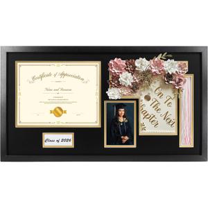 14x26 Black Shadow Box Diploma Frame with Graduation Cap & Tassel Holder for 8.5x11 Diploma and 4x6 Photo with MDF Wood and Plexiglass, Black Over Gold Mat for Wall, Graduation Keepsakes