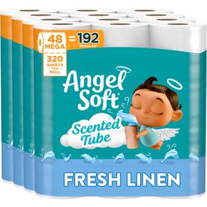 Angel Soft Toilet Paper with Fresh Linen Scented Tube, 48 Mega Rolls = 192 Regular Rolls, Soft and Strong Toilet Tissue