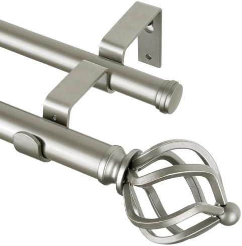 KAMANINA Double Curtain Rod 72 to 144 Inches(6-12 Feet) Antique Silver Curtain Rods for Windows 66 to 120 Inches, 7/8 Inch Heavy Duty Drapery Rod with Twisted Cage Finials