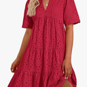 BTFBM Womens Boho Summer Dresses 2025 Resort V Neck Short Sleeve Hollow Out Lace Ruffle Casual Beach Mini Vacation Dress, Size XL