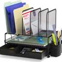 SIMPLE HOUSEWARE Mesh Desk Organizer with Sliding Drawer, Double Tray and 5 Upright Sections, Black