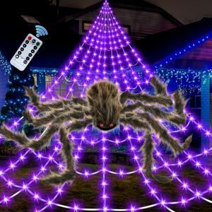 Halloween Spider Web Lights Giant Spider, 16.4Ft 450 LED Lighted Spider Web with with 8 Lighting Modes Waterproof & Timer for Indoor Outdoor House Haunted Yard Decor, Purple