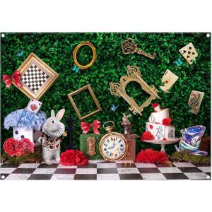 7x5ft Fabric Wonderland Enchanted Tea Party Photography Backdrop Kids Fairy Tale Green Grass Birthday Background Checkerboard Rabbit Photo Tapestry Props