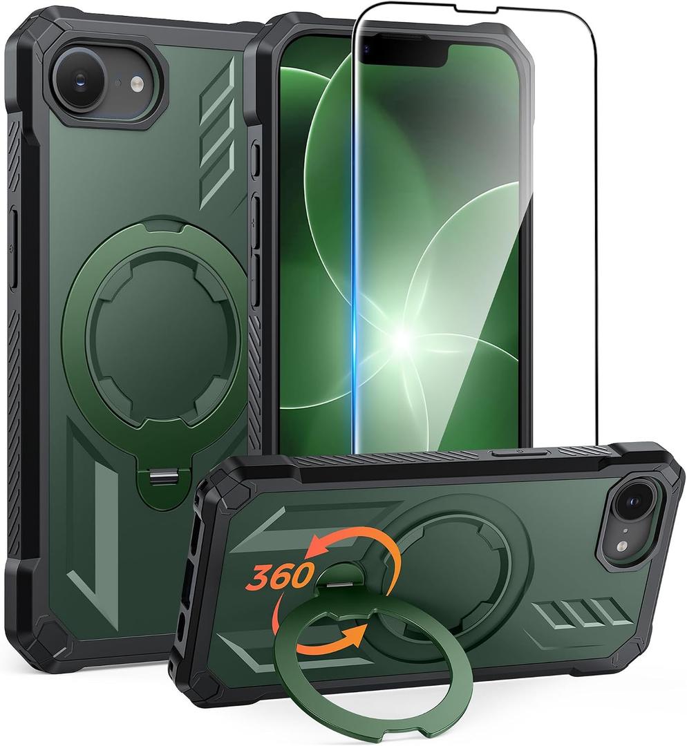 FNTCASE for iPhone 17e Phone Case: for iPhone 16e Case with [360 Spin Magnetic Ring Kickstand] [Compatible for MagSafe] [Screen Protector] Heavy Duty Military Grade Protection Case with Stand Green