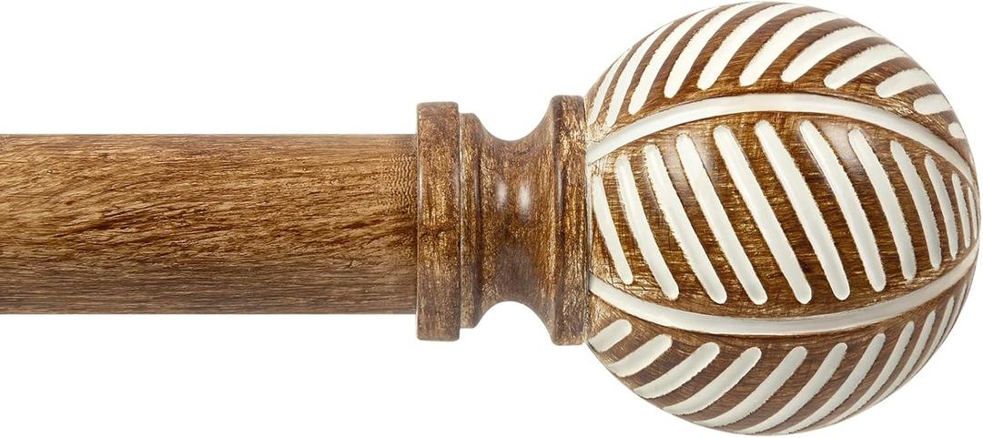 Zeerobee Wood Curtain Rods for Windows 48 to 84, 1 Inch Heavy Duty Drapery Rods with Imitation Wood Grain Leaf Pattern Finials, Indoor/Outdoor Modern Curtain Pole, 32"-86", Coffee Brown
