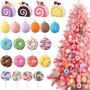 Unittype 22 Pcs Candy Christmas Tree Ornaments Set Donuts Lollipops Macaroon Cake Dessert Hanging Decoration Cute Candy Theme Christmas Tree Ornaments Xmas Home Hanging Charms Pendants Accessories