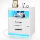 Ansefe Night Stand with Charging Station and Ambient Light, LED Nightstand with USB-C Ports and Outlets, Morden Bedside Table with 2 Drawers and Open Compartment, End Table for Bedroom, White
