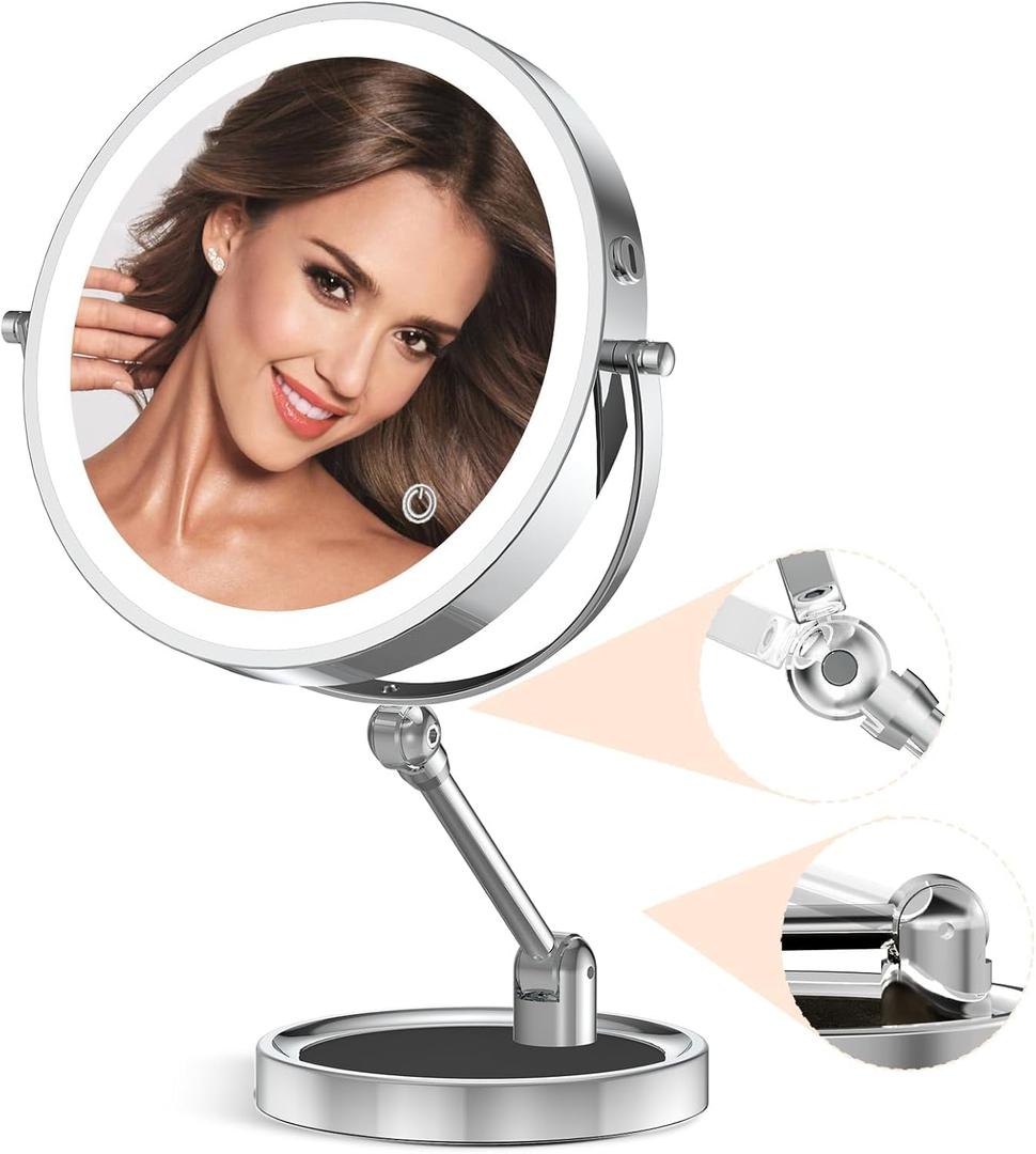 Rocollos Tabletop Makeup Mirror with Built-in Vanity Tray, 9" Rechargeable 4000mAh Lighted Vanity Mirror 1X/10X Magnification, Height-Adjustable Arm, 3 Color Dimmable (9Inch Chrome)