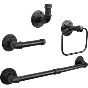 4-Pieces Industrial Pipe Bathroom Towel Ring Kit DIY Wall Mount Accessories Kit Includes Robe Hook Towel Bar and Towel Ring (18 inch) (Black)