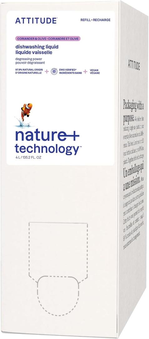 ATTITUDE Dish Soap Refill, EWG Verified, Plant-Based & Vegan Dishwashing Liquid, Naturally Derived, Olive & Coriander Scent, 135.3 Fl Oz ATTITUDE Dish Soap Refill, EWG Verified, Plant-Based & Vegan Dishwashing Liquid, Naturally Derived, Olive & Coriander Scent, 135.3 Fl Oz