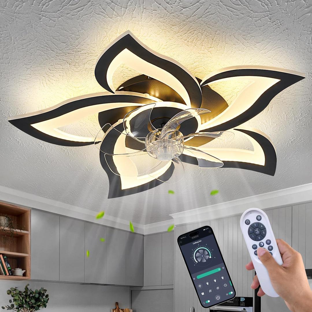 Black Flower Modern CeilingFans with Lights, Low Profile Ceiling Fan with Remote for Bedroom, Flush Mount Ceiling Fan with LED Dimmable Light,6-Speeds, Timing Ceiling Fan Light