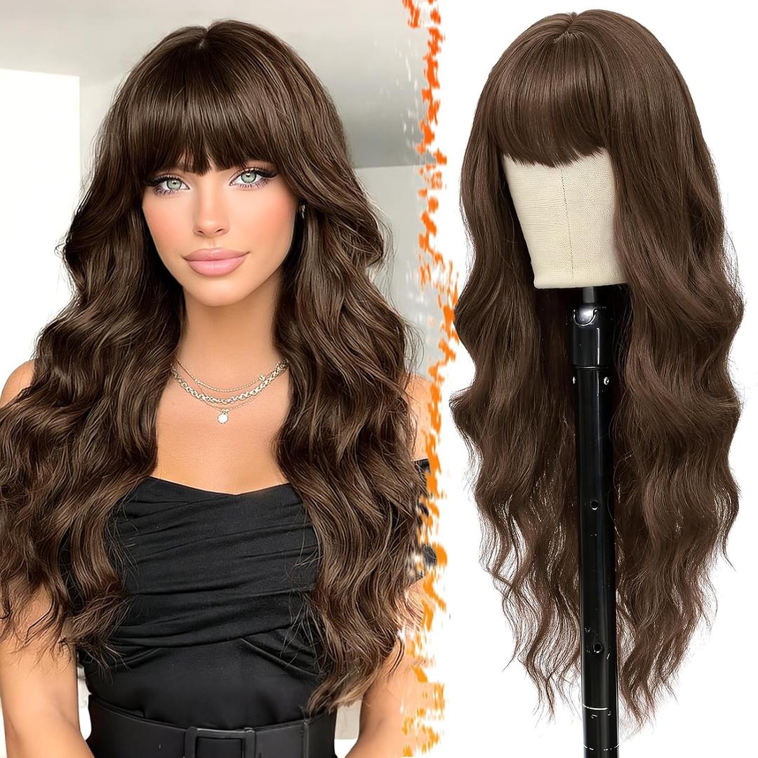 BARSDAR Long Wavy Light Chocolate Brown Wig With Bangs - 26 Inch Long Wavy Brown Wig with Bangs for Women - Thick Soft Synthetic Hair Replacement Wigs Natural Looking Daily Cosplay Party Halloween