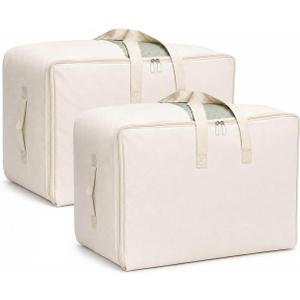 DoYiKe Soft Large Canvas Comforter Storage Bags with Four Carrying Handles and Clear Window, Closet Organizer for Clothing, Blankets Sheets Pillows and Bedding, 80L, 2 Pack, Beige