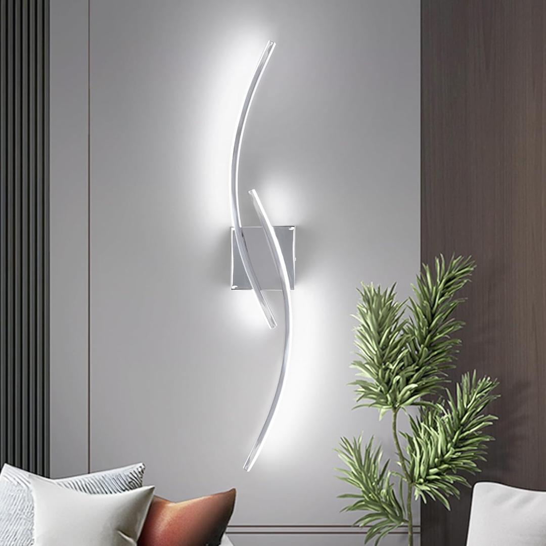 Hardwired 6000K Modern Wall Sconce, 31.5IN Silver LED Wall Light Fixtures Chrome Wall Lights for Bedroom, Living Room, Hallway and Bedside Wall Lamp (Hardwired-Chrome)