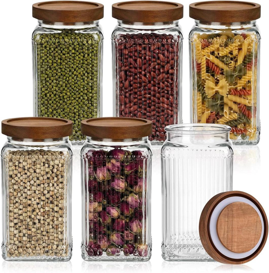 6 Pcs Vintage Glass Storage Jar with Lid 34 oz Glass Containers Stylish Ribbed Pattern Airtight Kitchen Jars Candy Jar for Food Cookies Candy Coffee Tea Beans Grains Storage