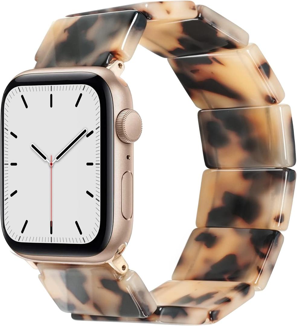 Heesch Stretchy Resin Watch Band Compatible with Apple Watch for Women, Tortoise Watch Strap Bracelet Wristband for iwatch Series Ultra/10/9/8/7/SE/6/5, 38/40/41/42mm, 44/45/46/49mm, Rectangle