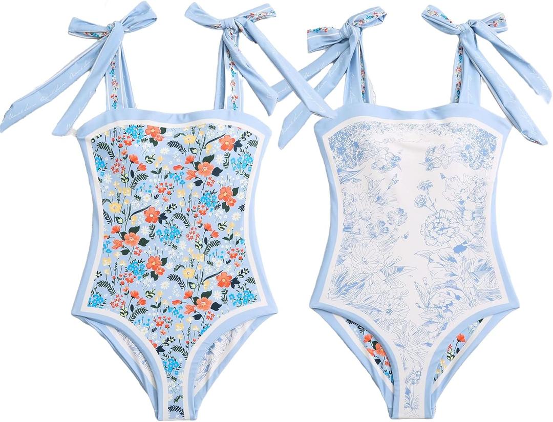 ASHER FASHION Women's One Piece Swimsuit -Bathing Suit for Women Tummy Control Reversible Bustier Floral Print Monokinis (Blue) Small