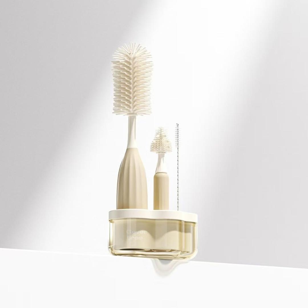 Baby Bottle Brush Kit with Push-Press Bubble and Drying Rack for Bottle Cleaning, Bendable Bottle Cleaner Brush for Baby Bottles, Breast Pumps, Nipples, Straws and More. Perfect for Home&Travel (Pink) (Beige)