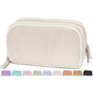 Makeup Bag Noluozme, Makeup Bag for Women, Double Layer Makeup Brushes Bag, Cream Toast Cosmetic Bag with Makeup Brush Compartments for Travel Makeup Toiletries Organized