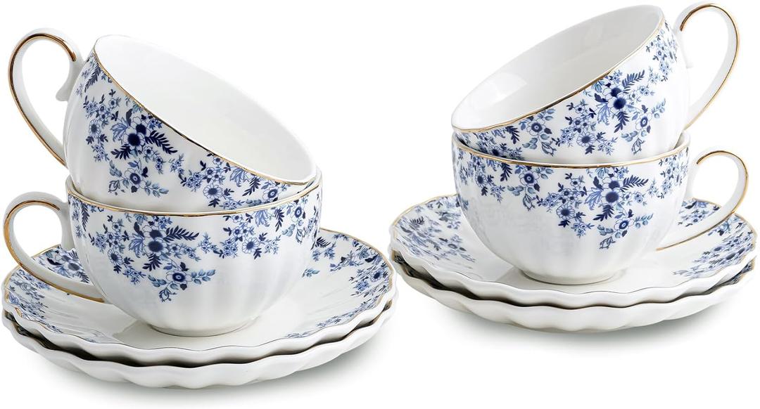 Agyiuns ceramic tea cups and saucers 6oz,floral tea cups for Coffee, Latte, Cafe Mocha and Tea (Little Blue Flowers)