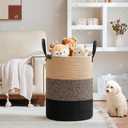 VIPOSCO Tall Laundry Basket, Large Dirty Clothes Hamper with Leather Handle, Woven Rope Storage Basket for Blanket, Toy In Living Room, Bathroom, Bedroom - 100L Brown & Black