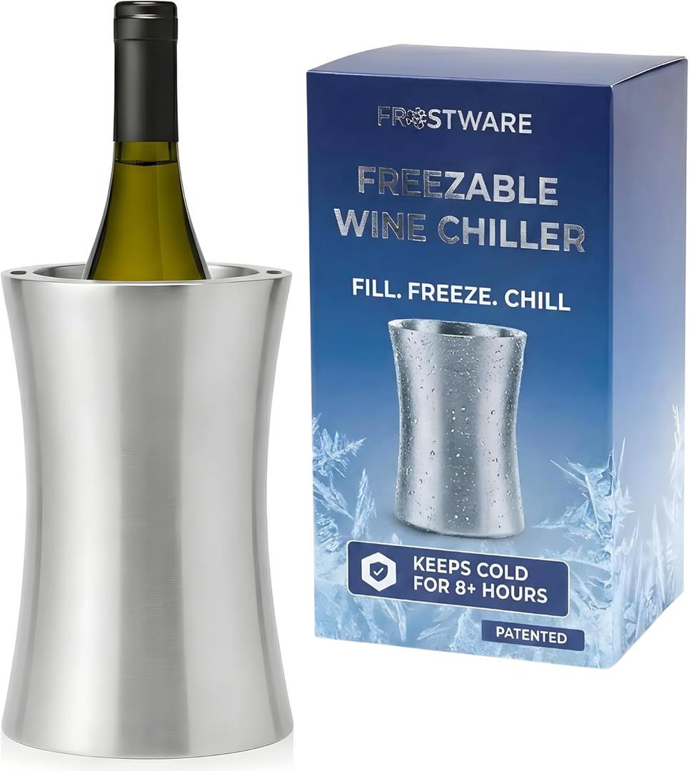 Frostware Patented Wine Chiller Bucket  Fill-With-Water & Freeze Stainless Steel Wine Bottle Chiller and Champagne Cooler Keeps Drinks Cold for 8+ Hours, Double Wall Insulated Design