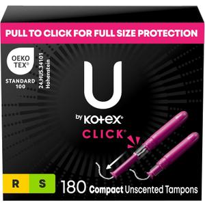 U by Kotex Click Multipack Tampons, Compact, Regular/Super Absorbency, Unscented, 180 Count (6 Packs of 30) (Packaging May Vary)