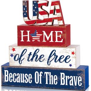 4 Pcs Farmhouse 4th of July Patriotic Table Sign Independence Day Table Wood Decorations Patriotic Themed Rustic Farmhouse Wood Block Sign for Party Home Desk (Stylish)