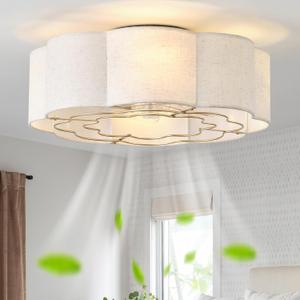 20" Flush Mount Ceiling Fans with Lights, Low Profile Ceiling Fan with Light Remote Control, Bladeless Boho with 6 Speeds for Bedroom, Nursery, Living Room (Beige)