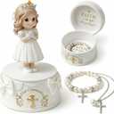 First Communion Gifts for Girls - 1st Holy Communion Gift with Prayerful Girl Figurine, Keepsake Box & Pearl Bracelet - Religious Keepsake Gift for Girls