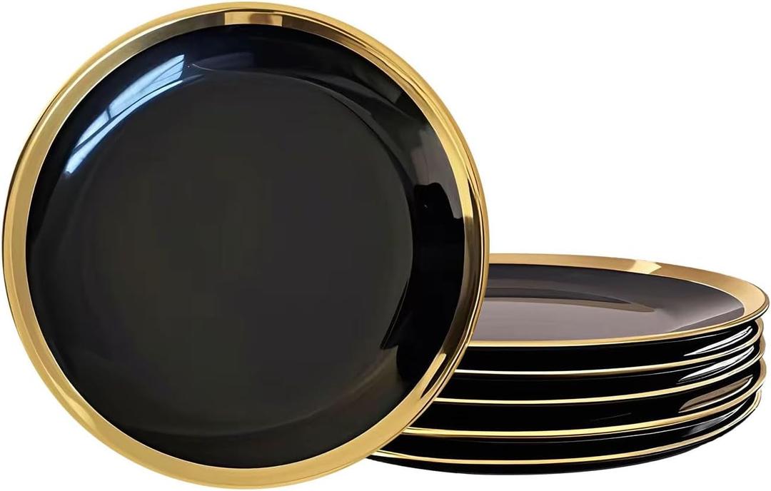 Dinner Plates, Set of 6, 8 inch, Black Porcelain with Gold Trim, Small Plates, Black Ceramic Plates, Ideal for Desserts and Appetizers