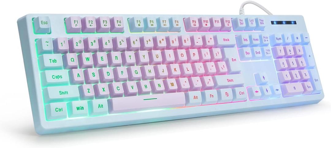 HUO JI Gaming Keyboard USB Wired with Rainbow LED Backlit, Floating Keys, Mechanical Feeling, Spill Resistant, Ergonomic for Xbox, PS Series, Desktop, Computer, PC, Purple Blue
