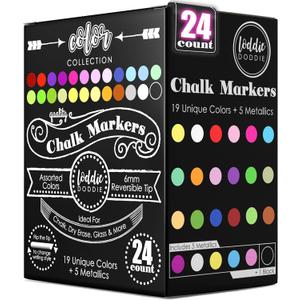 Loddie Doddie Liquid Chalk Markers (24-Pack) - Dust-Free Erasable Pens for Windows, Glass, Chalkboard & Blackboard - 6mm Reversible Bullet & Chisel Tip (1 Count (Pack of 24))