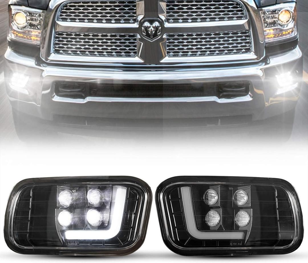BUNKER INDUST Dodge Ram LED Fog Light with Daytime Running Light Set,Pair Spot Flood Driving Fog Lamps L-type DRL Replacement for Ram 2009-2012 1500,2010-2014 2500, 2010-2012 3500