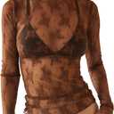 Ugerlov Women's Long Sleeve Mesh Top Mock Neck Sheer Blouse See Through Floral Lace Tops (M)