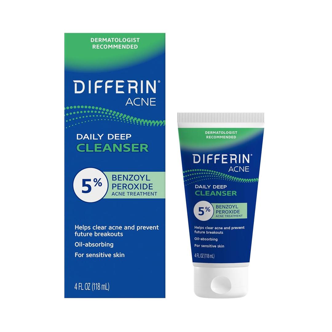 Differin Acne Face Wash with 5% Benzoyl Peroxide, Daily Deep Cleanser by the makers of Differin Gel, Gentle Skin Care for Acne Prone Sensitive Skin, 4 oz 
