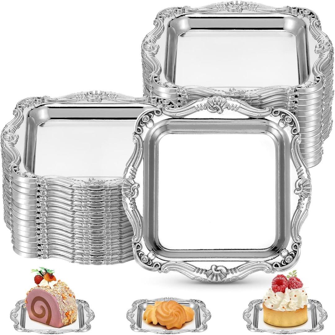 LemonRoad 50 Pcs Mini Square Baroque Dessert Display Trays Mini Elegant Plastic Serving Trays Small Cake Candy Plates for Weddings Parties Hotels Large Celebrations, 3"x3" (Silver)