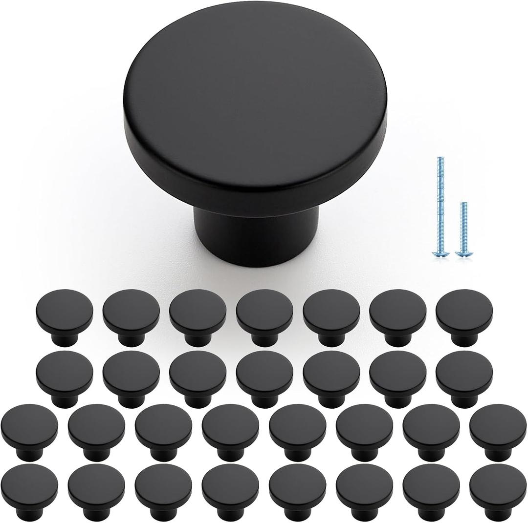 JOY DECOR 30 Pack Black Cabinet Knobs, Matte Black Kitchen Cabinet Knobs, 1-1/5 Inch Round Drawer Pulls, Kitchen Hardware for Dresser Drawers Closets
