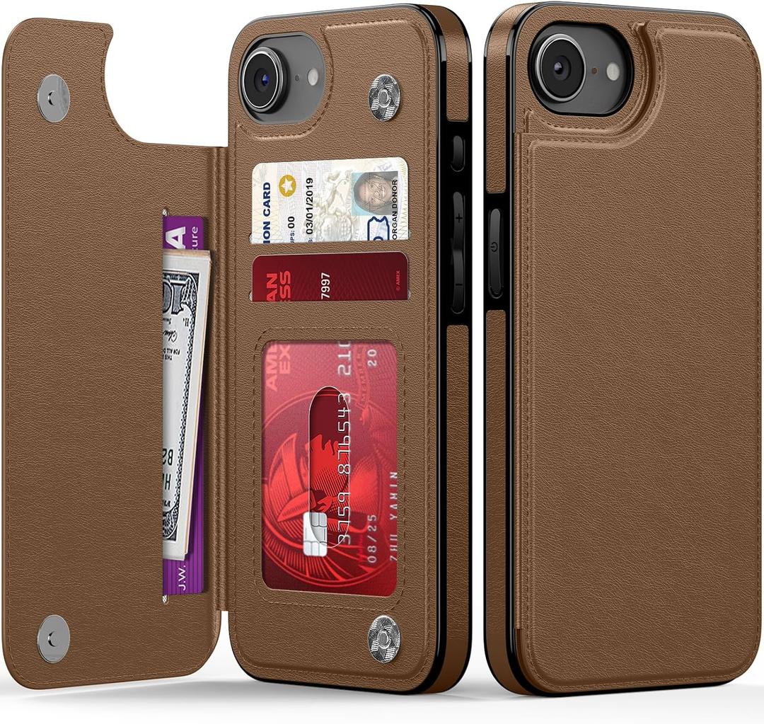 LETO for iPhone 16e Wallet Case, Flip Folio Leather Kickstand Brown | Card Slots Holder - Fashionable Flower Designs - Shockproof Protective Phone Cover for Women and Girls