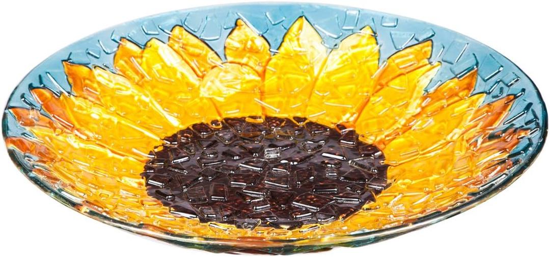 Evergreen Garden 18" Glass Bird Bath Bowl for Outdoors | Hand Painted Glass | Embossed Shape | Bowl Only - no Stand Included | Summer Sunfloweres Fade and Weather Resistant Outdoor Decoration