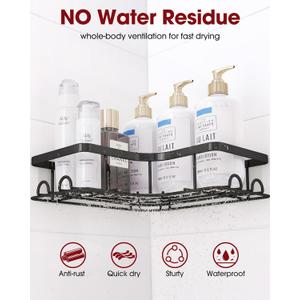 Corner Shower Caddy - 1 Pack, Adhesive Shower Organizers, Rustproof Stainless Steel Shower Shelves with 8 Hooks, No Drilling Bathroom Organizers and Storage Racks, Space-Saving, Black,Medium